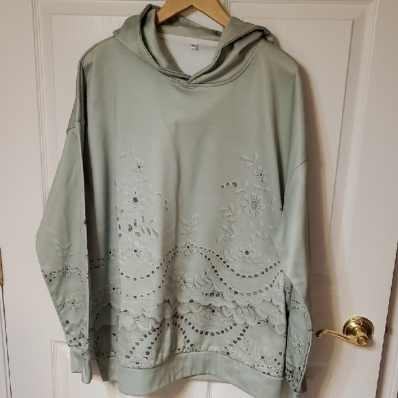 Mint Green Oversized Embellished Floral Hoodie - Picture 6 of 9
